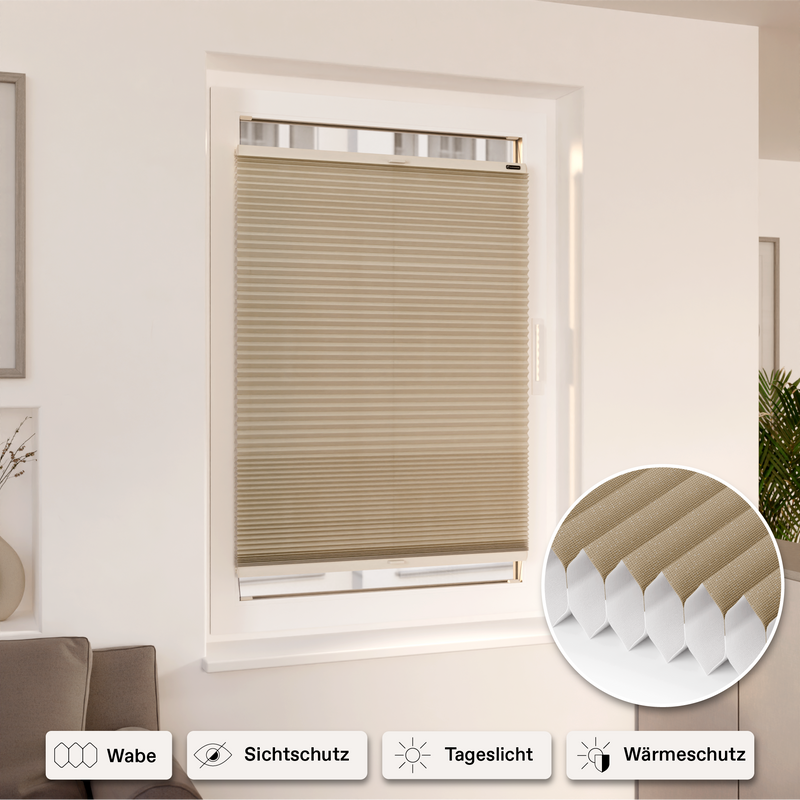 Wabenplissee Beige an Fenster montiert mit Icons Sichtschutz, Tageslicht und Wärmeschutz